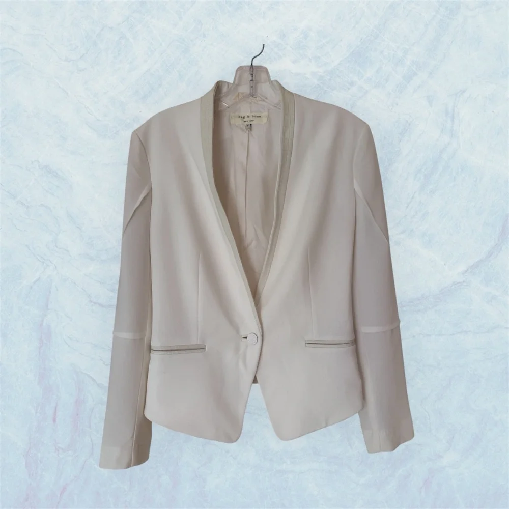 Rag and Bone White Pascal Blazer with Leather Trim on pockets and lapel. Sz 6 - Picture 1 of 14